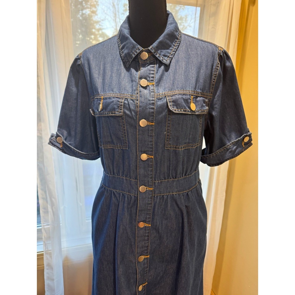 Classic Blue Solid Denim Cotton Shirt Dress Collared Button Midi Pockets M/L